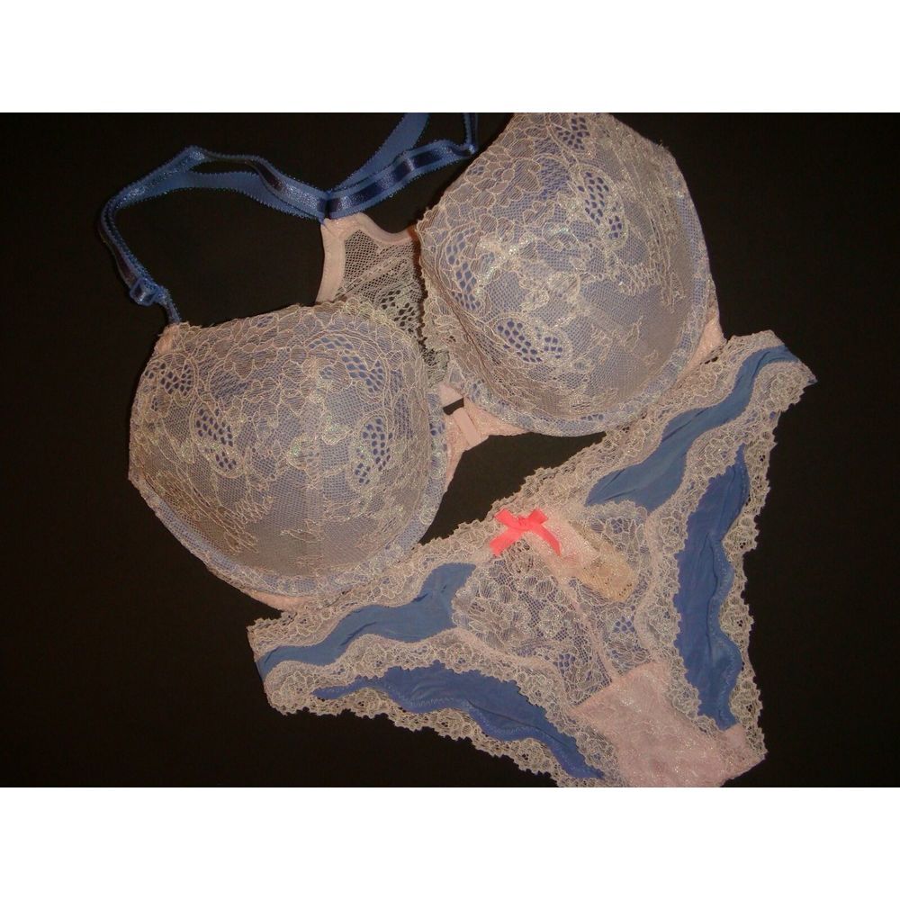 Victoria's Secret racerback 32DD BRA SET XS panty Iridescent BLUE Lavender White